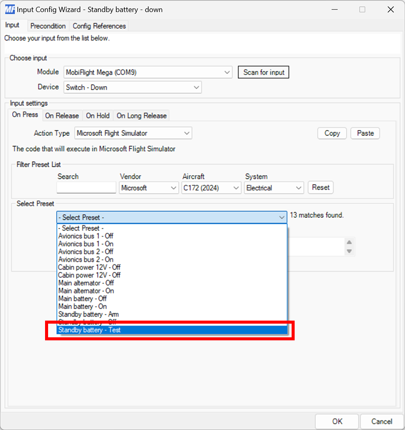 Screenshot of the input tab on press event with the Standby battery - Test preset selected.