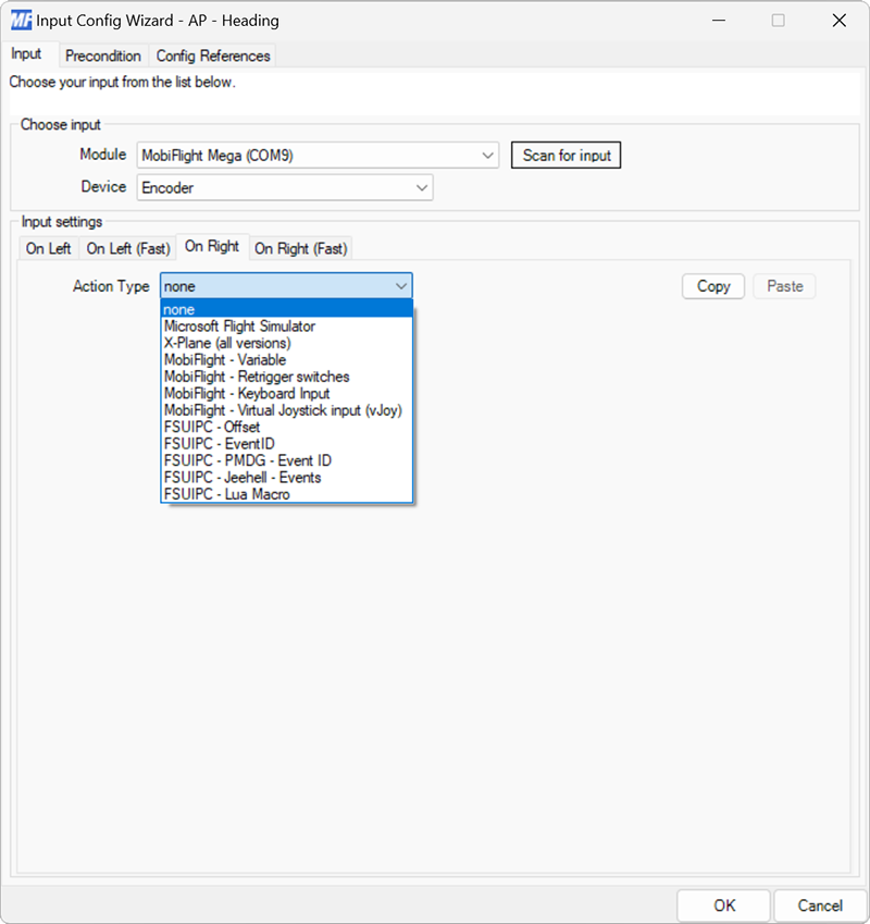 Screenshot of the encoder On Right event tab with the Action Type menu opened.