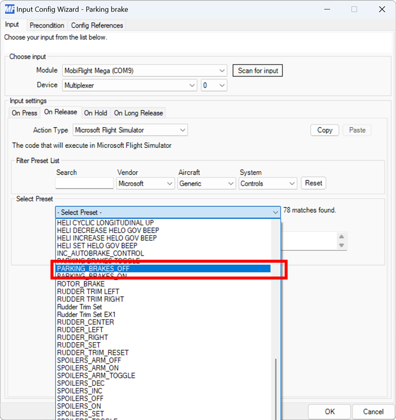 Screenshot of the input tab on release event with the PARKING_BRAKES_OFF preset selected.