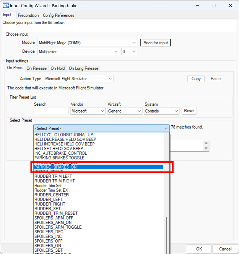 Screenshot of the input tab on press event with the PARKING_BRAKES_ON preset selected.