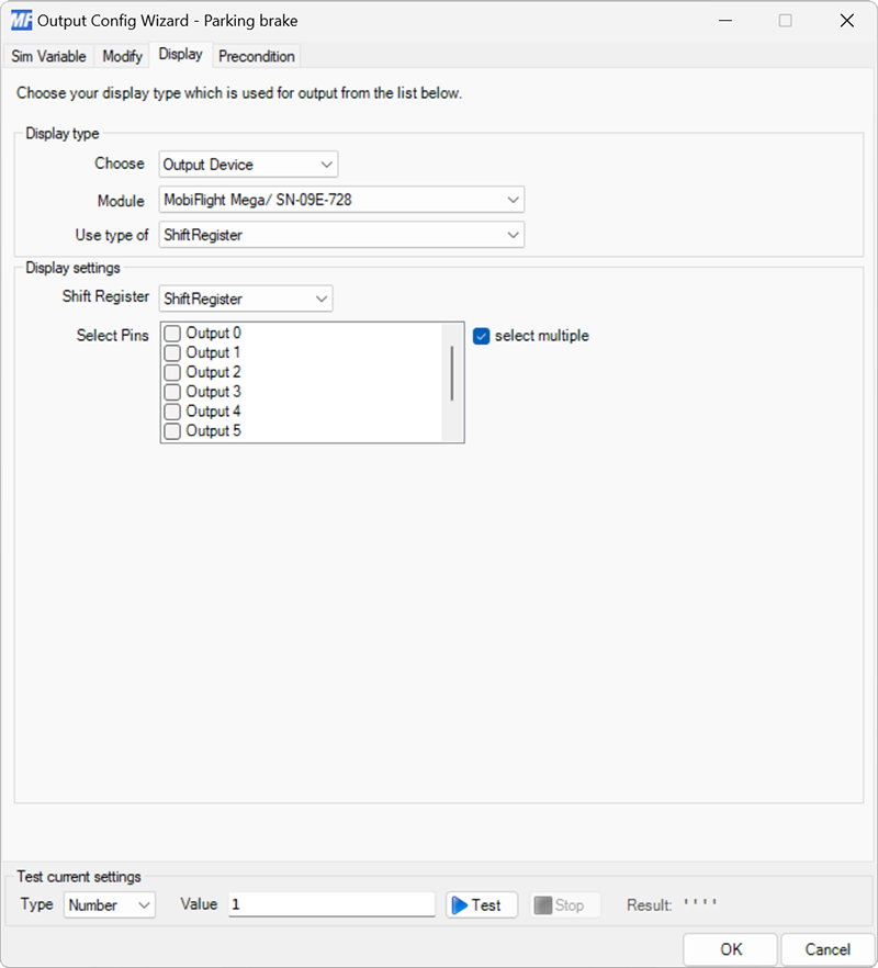 Screenshot of the Display tab with the ShiftRegister output type selected for multiple outputs.