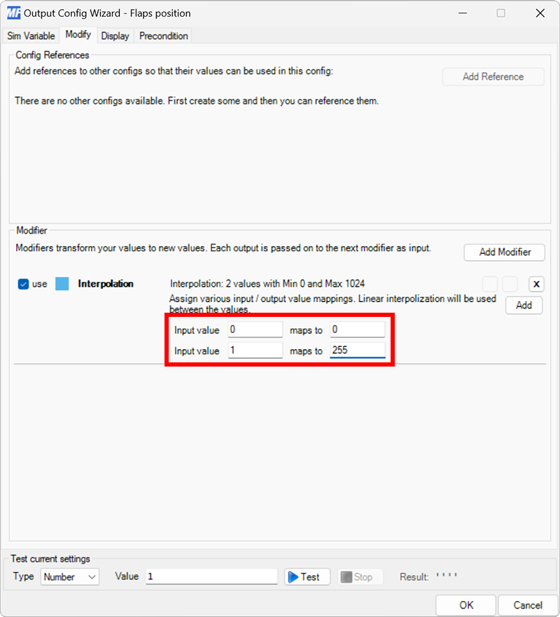 Screenshot of the modify tab in the output dialog with the interpolation modifier input values set.