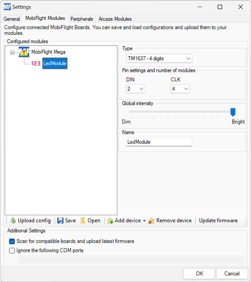 Screenshot of the settings for a TM1637 4-digit display module, with pin 2 and 3 selected, and LedModule as the name.