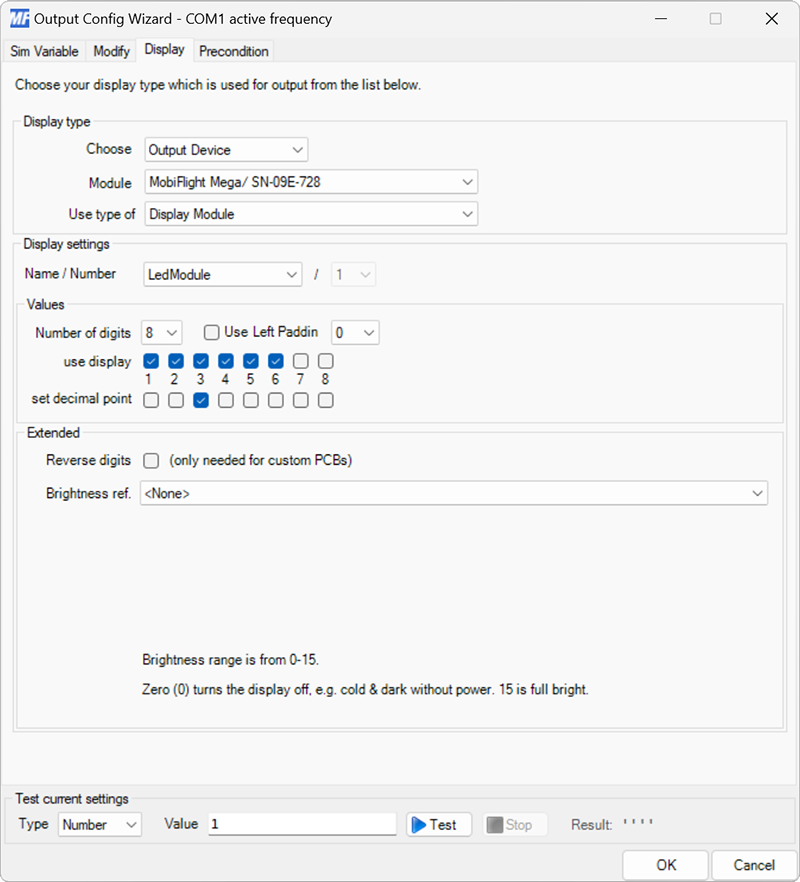 Screenshot of the Display tab with the Display Module type selected and configured to use display digits 1--6 with a decimal point at position 3.