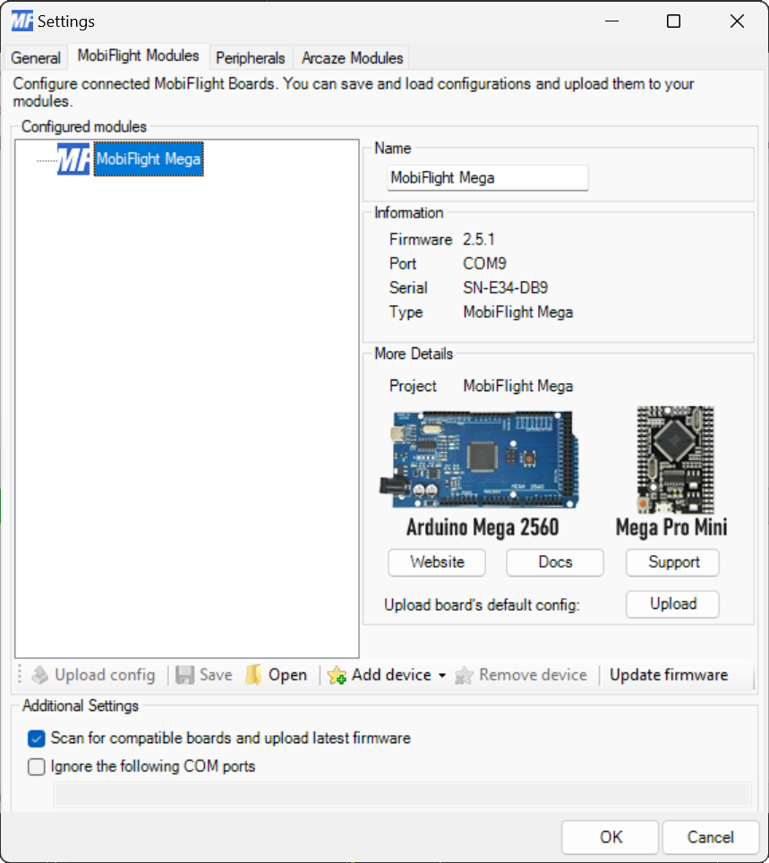 Screenshot of the MobiFlight Modules dialog with a MobiFlight Mega showing in the board list.