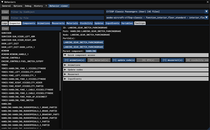 Screenshot of the behaviors dialog with the Inspector tab open for the parking brake.