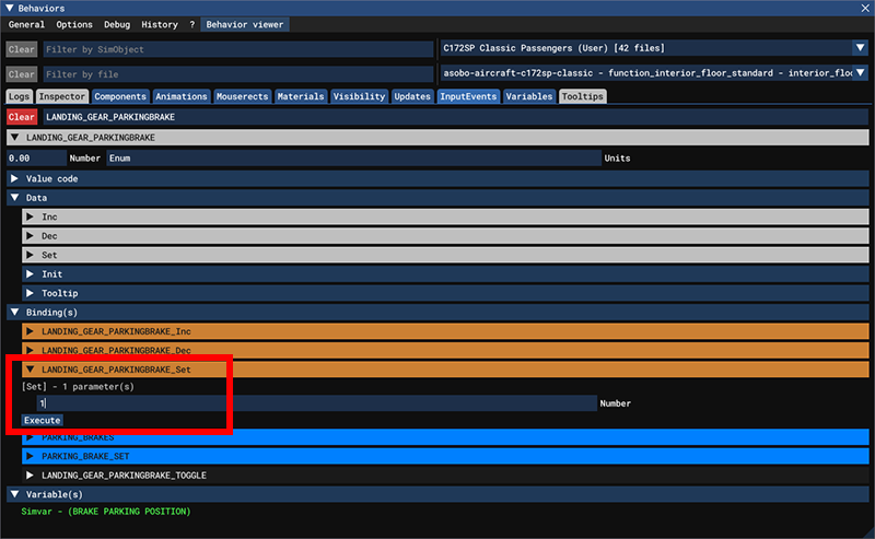 Screenshot of the Behaviors dialog InputEvents tab with the LANDING_GEAR_PARKINGBRAKE_Set binding expanded and highlighted with a red rectangle.