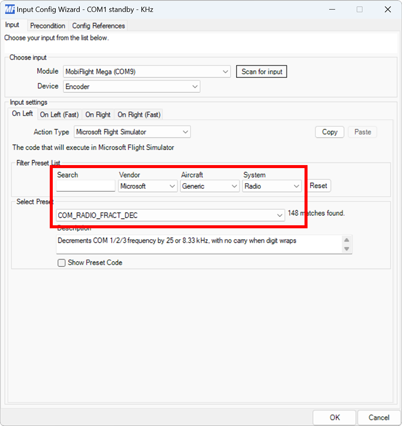 Screenshot of an input configuration, mapped to the encoder, configured as a Microsoft Flight Simulator action type and the On Left event assigned to the COM_RADIO_FRACT_DEC preset.