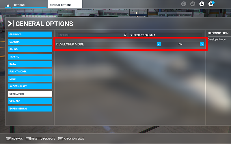 Screenshot of Microsoft Flight Simulator 2020 settings with developer mode set to on.