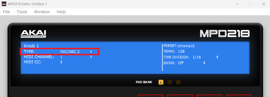 Screenshot of the MPD218 editor with the knob type changed to INC/DEC 2.