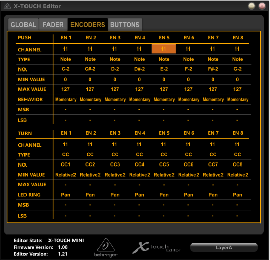 Screenshot of the Behringer X-Touch Editor with the encoder type set to CC.