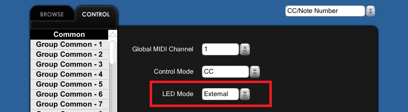 Screenshot of the KORG KONTROL Editor with the LED mode set to External.