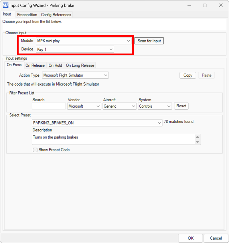 Screenshot of the input configuration dialog with a MIDI device and key selected.