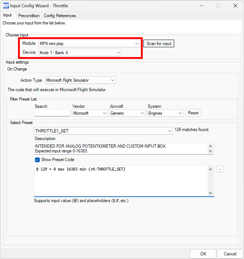 Screenshot of the input configuration dialog with a MIDI device and knob selected.